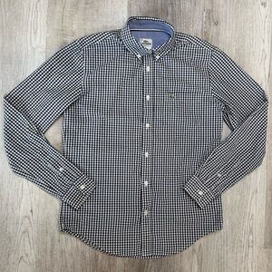 Lacoste Regular Fit Gingham Poplin Shirt Navy White Neck 15” Size S French 38